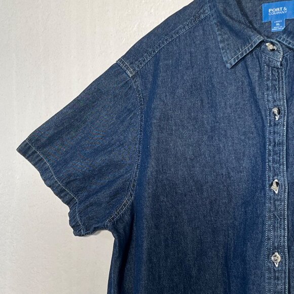 Port & Company Ladies XL Denim Button-Up Shirt Short Sleeve Casual 100% Cotton - Picture 5 of 14
